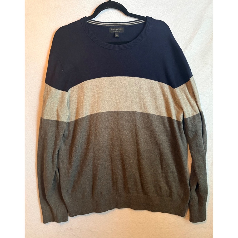 Banana Republic Premium Luxe Yarn Sweater Large Navy Tan Gray Colorblock